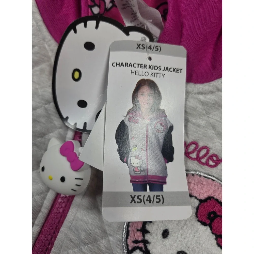 Hello Kitty Girls Quilted Zip Up Hoodie Jacket Grey Pink Black XS 4/5 New NWT